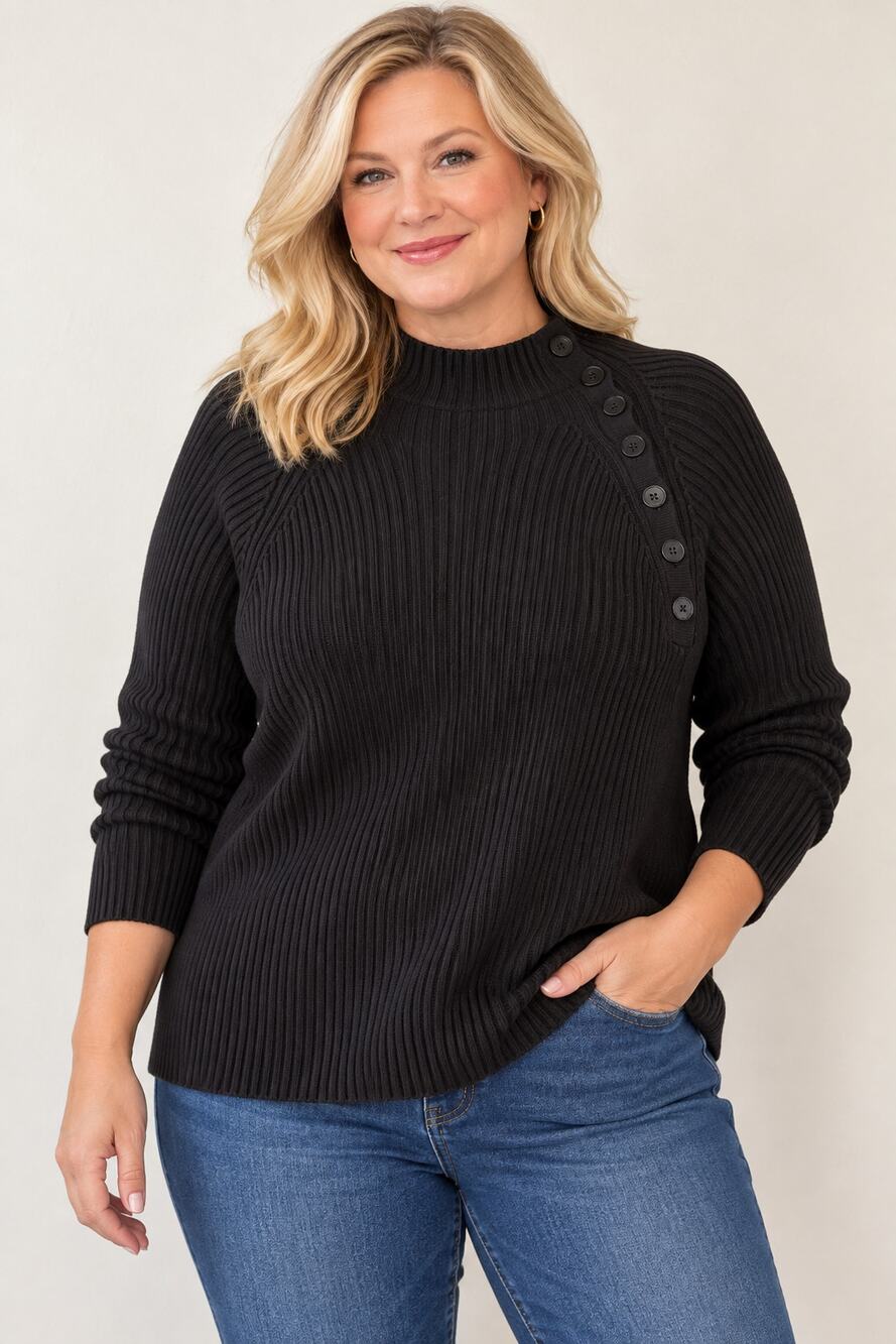 Lauren Ralph Lauren Women’s 2X Black Ribbed Cotton Mock Neck Button Sweater